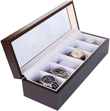 Solid Espresso Wood Watch Box Organizer with Glass Display Top by Case Elegance