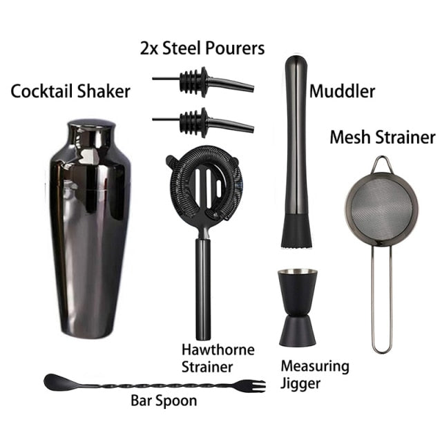 BLACK STAINLESS STEEL COCKTAIL SET WACCESSORIES 5 PC SET